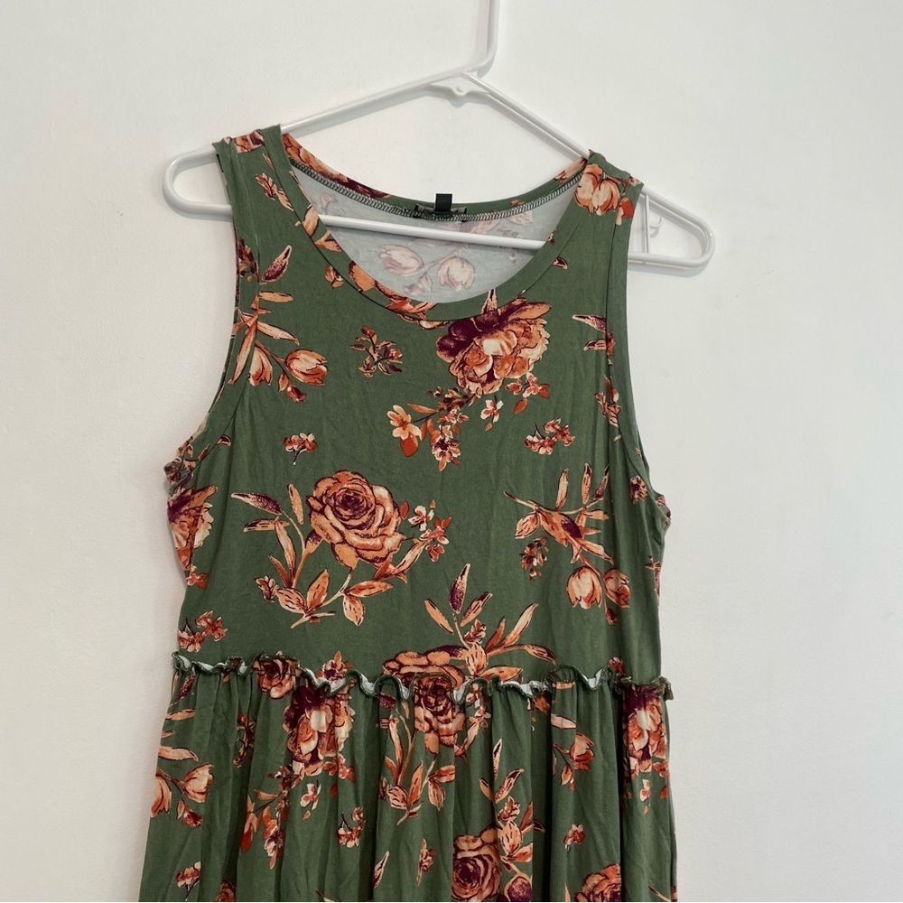 LILY ROSE Olive Green Peach Orange Floral Ruffle Sleeveless Mini Fit Flare Dress - Picture 2 of 12